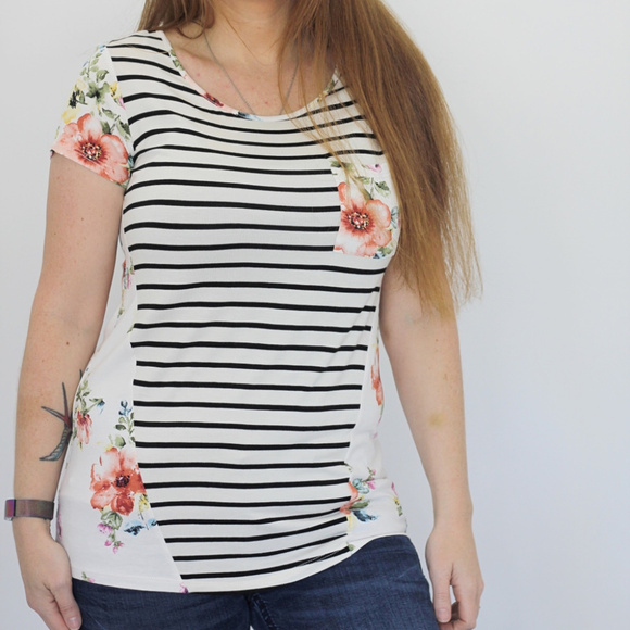 Be Stage Black & White Stripe with Floral Tee - Picture 1 of 5